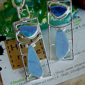 Creolen Groß 925er Silber Boulder Opal Feueropal Blau Bauhaus Design Ohrhänger