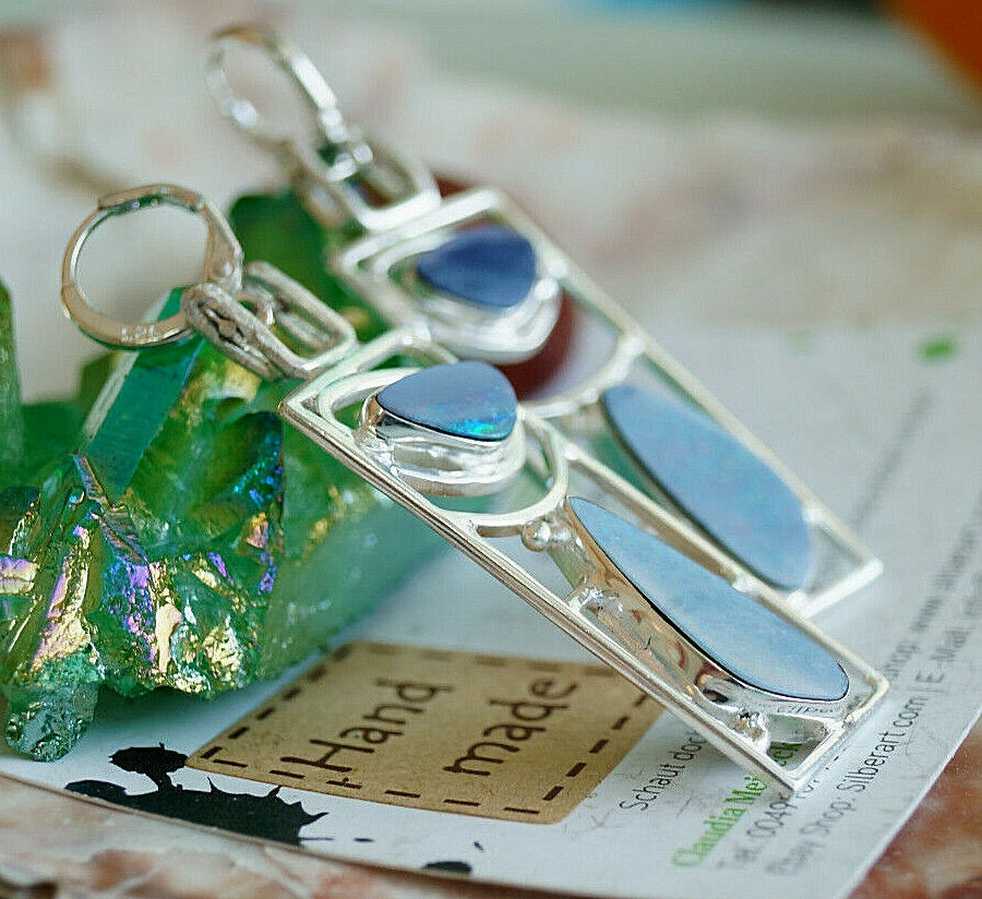 Creolen Groß 925er Silber Boulder Opal Feueropal Blau Bauhaus Design Ohrhänger – Bild 5