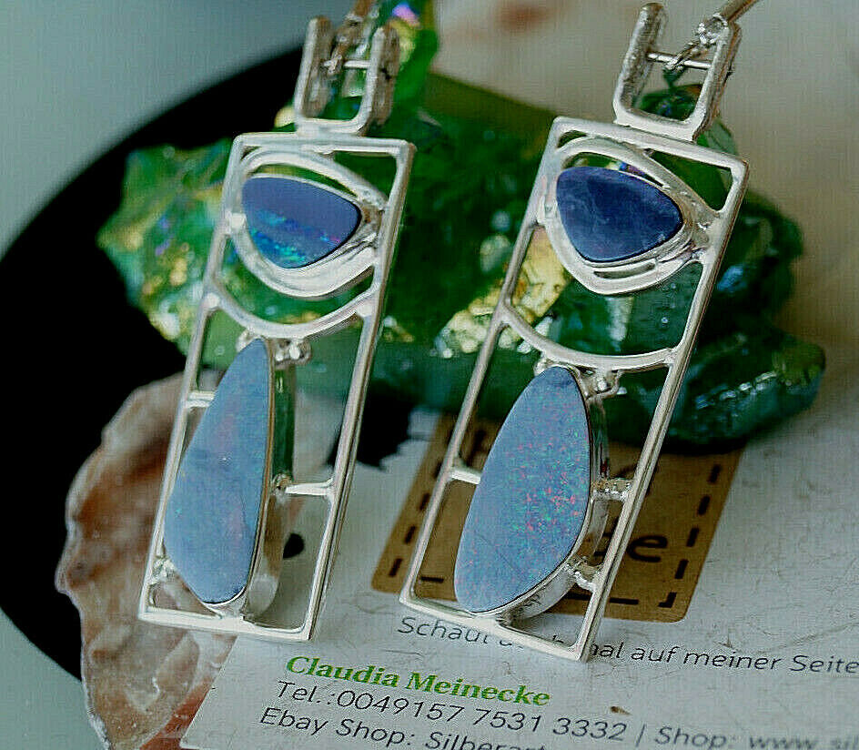 Creolen Groß 925er Silber Boulder Opal Feueropal Blau Bauhaus Design Ohrhänger – Bild 6