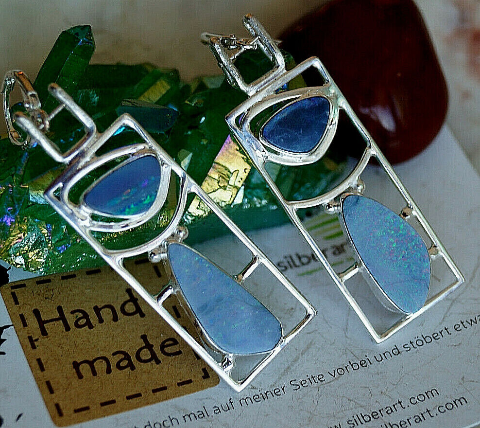 Creolen Groß 925er Silber Boulder Opal Feueropal Blau Bauhaus Design Ohrhänger – Bild 7