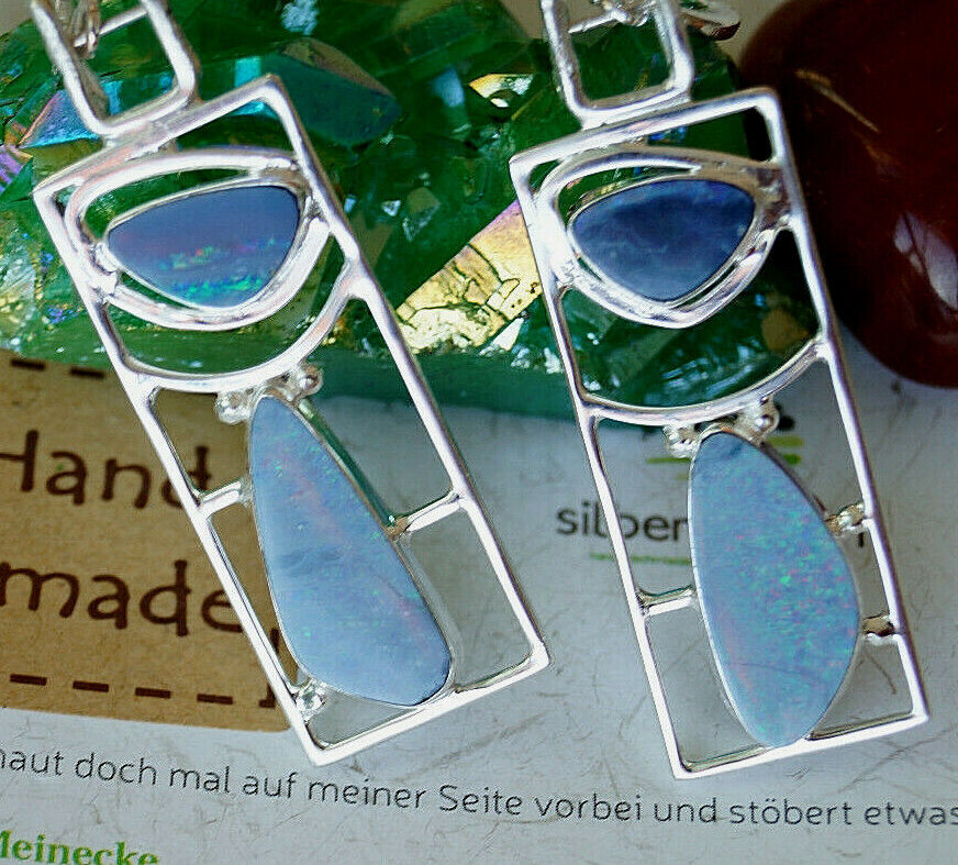 Creolen Groß 925er Silber Boulder Opal Feueropal Blau Bauhaus Design Ohrhänger – Bild 8