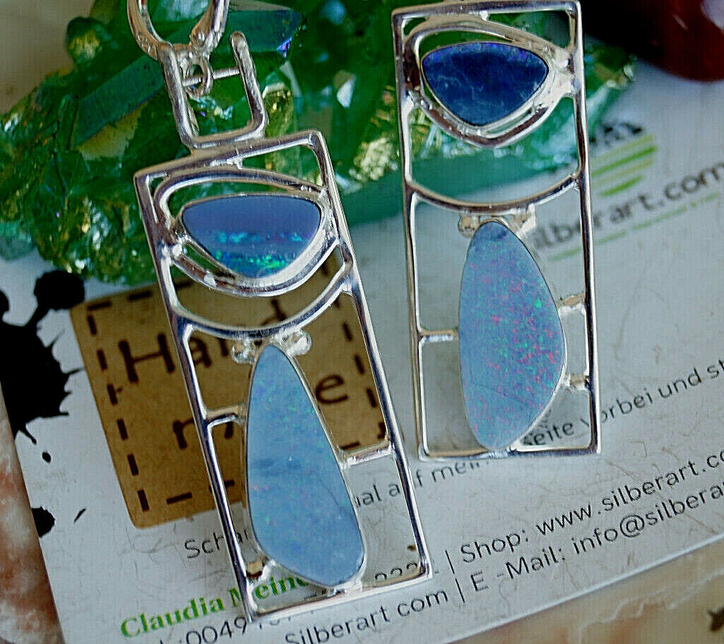 Creolen Groß 925er Silber Boulder Opal Feueropal Blau Bauhaus Design Ohrhänger