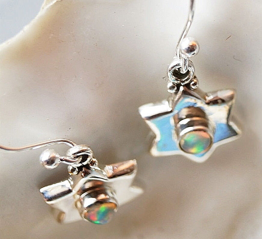 Handarbeit Ohrhänger Opal Blau Feueropal Stern Modern Silber Schlicht Ohrringe – Bild 3
