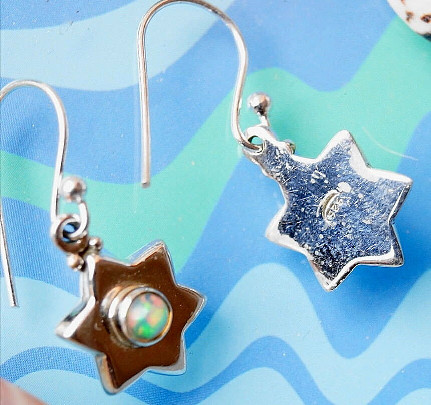 Handarbeit Ohrhänger Opal Blau Feueropal Stern Modern Silber Schlicht Ohrringe – Bild 6