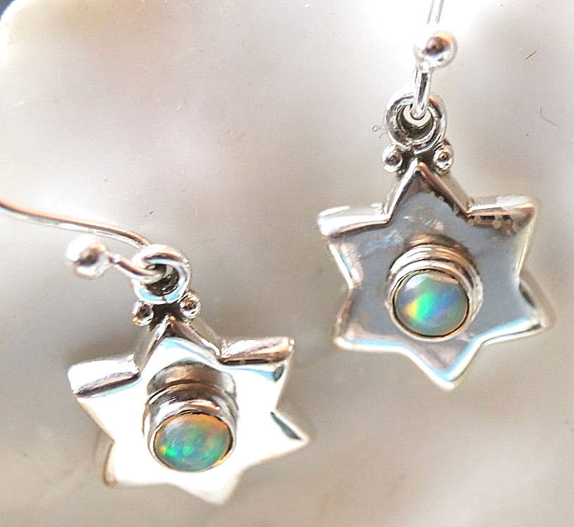 Handarbeit Ohrhänger Opal Blau Feueropal Stern Modern Silber Schlicht Ohrringe