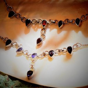 Vintage Collier Kette 925er Silber Schlicht Garnat Rot Iolith Blau-Lila 45 cm