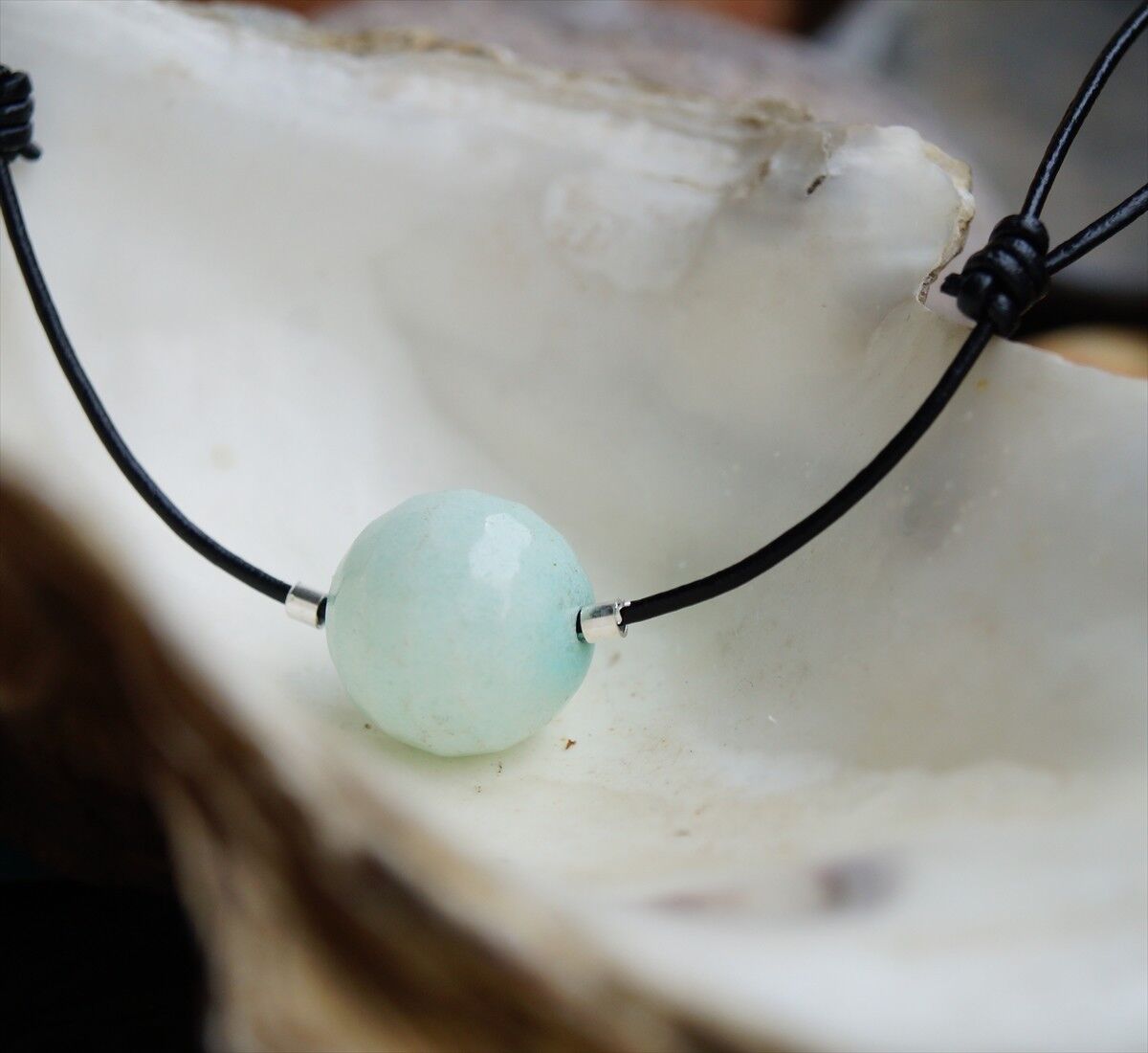 Larimar Facettiert Türkis Weiß Kugel 14 mm Schlicht Kette Lederband Verstellbar – Bild 4
