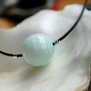 Larimar Facettiert Türkis Weiß Kugel 14 mm Schlicht Kette Lederband Verstellbar