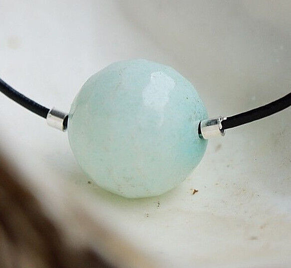 Larimar Facettiert Türkis Weiß Kugel 14 mm Schlicht Kette Lederband Verstellbar – Bild 5