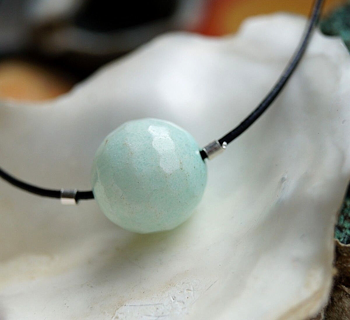 Larimar Facettiert Türkis Weiß Kugel 14 mm Schlicht Kette Lederband Verstellbar