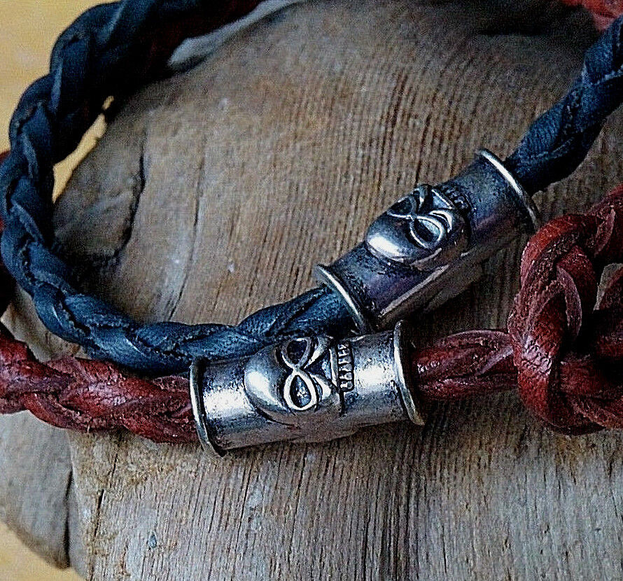 Lederarmband - 22 cm 5 mm Ø Totenkopf Braun / Schwarz geflochten Leder Armband – Bild 4