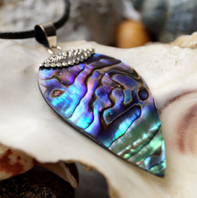 Silber Groß 6 cm Kettenanhänger Abalone Paua Muschel Seeopal Tropfen Muster Edel – Bild 3
