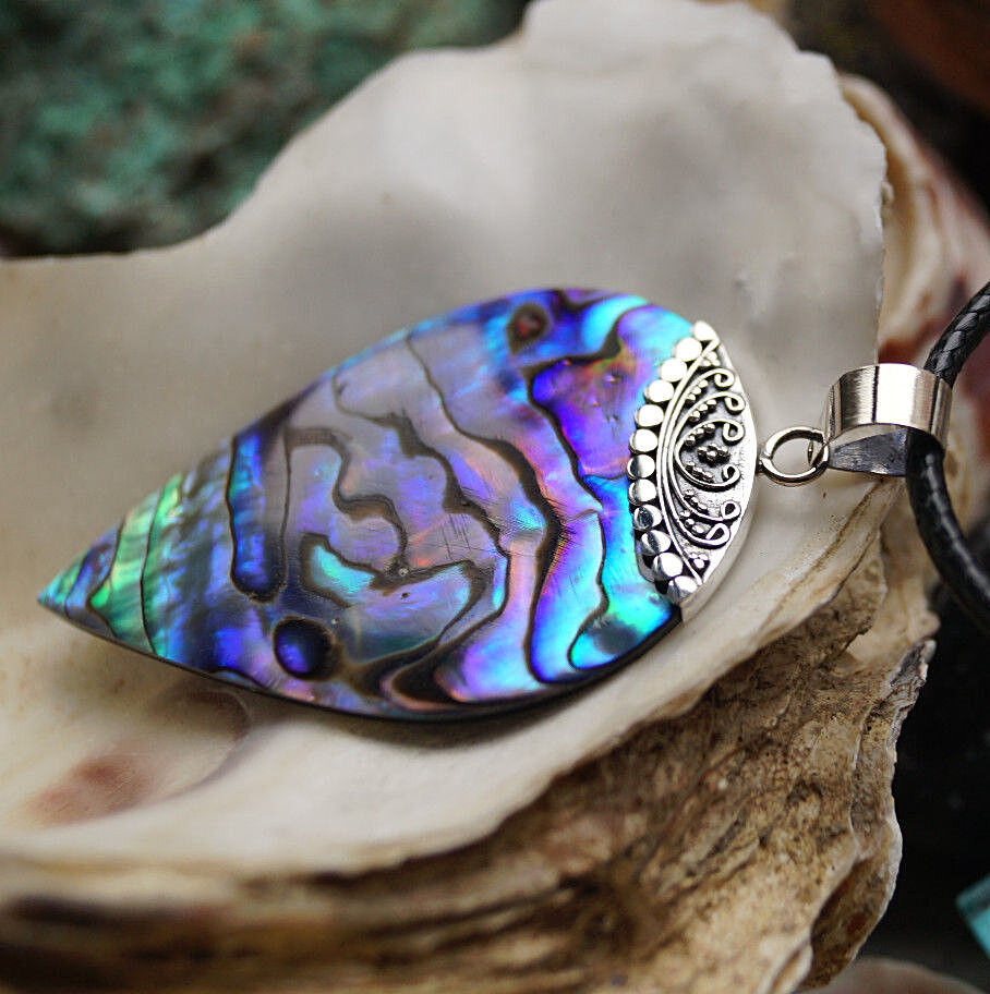 Silber Groß 6 cm Kettenanhänger Abalone Paua Muschel Seeopal Tropfen Muster Edel – Bild 4