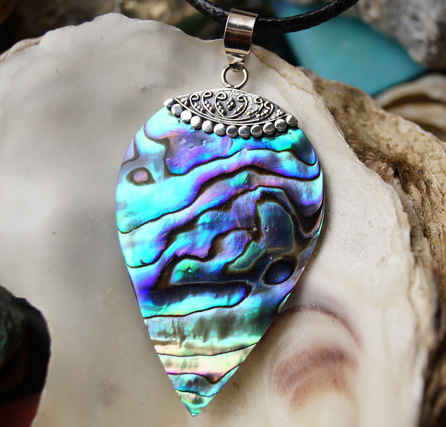 Silber Groß 6 cm Kettenanhänger Abalone Paua Muschel Seeopal Tropfen Muster Edel