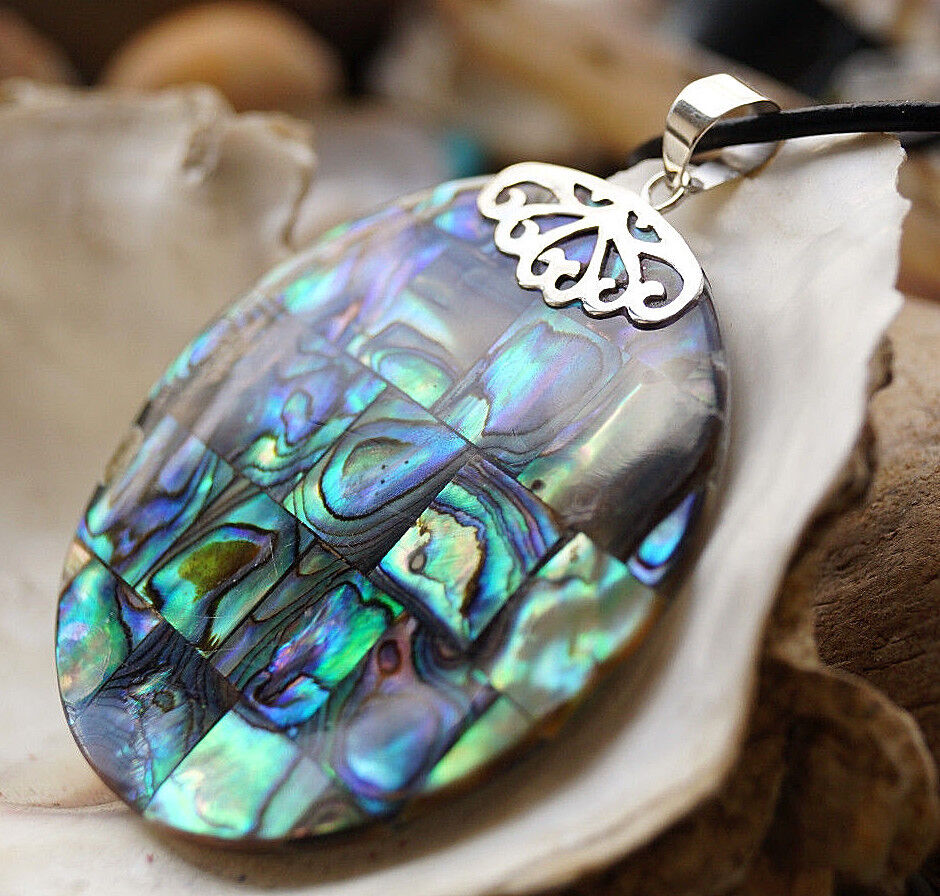 Silber Kettenanhänger Abalone Paua Muschel Regenbogen Rund Groß Mosaik 5 cm Ø – Bild 3