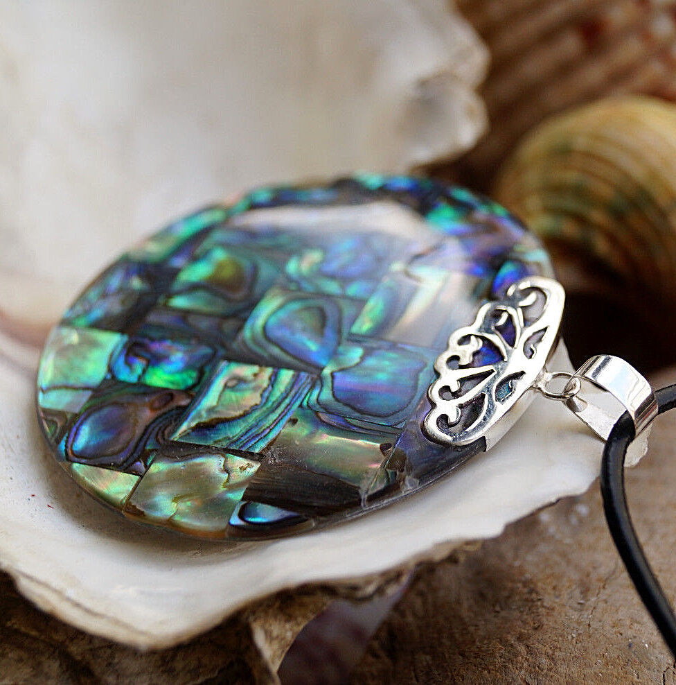 Silber Kettenanhänger Abalone Paua Muschel Regenbogen Rund Groß Mosaik 5 cm Ø – Bild 4