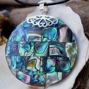 Silber Kettenanhänger Abalone Paua Muschel Regenbogen Rund Groß Mosaik 5 cm Ø