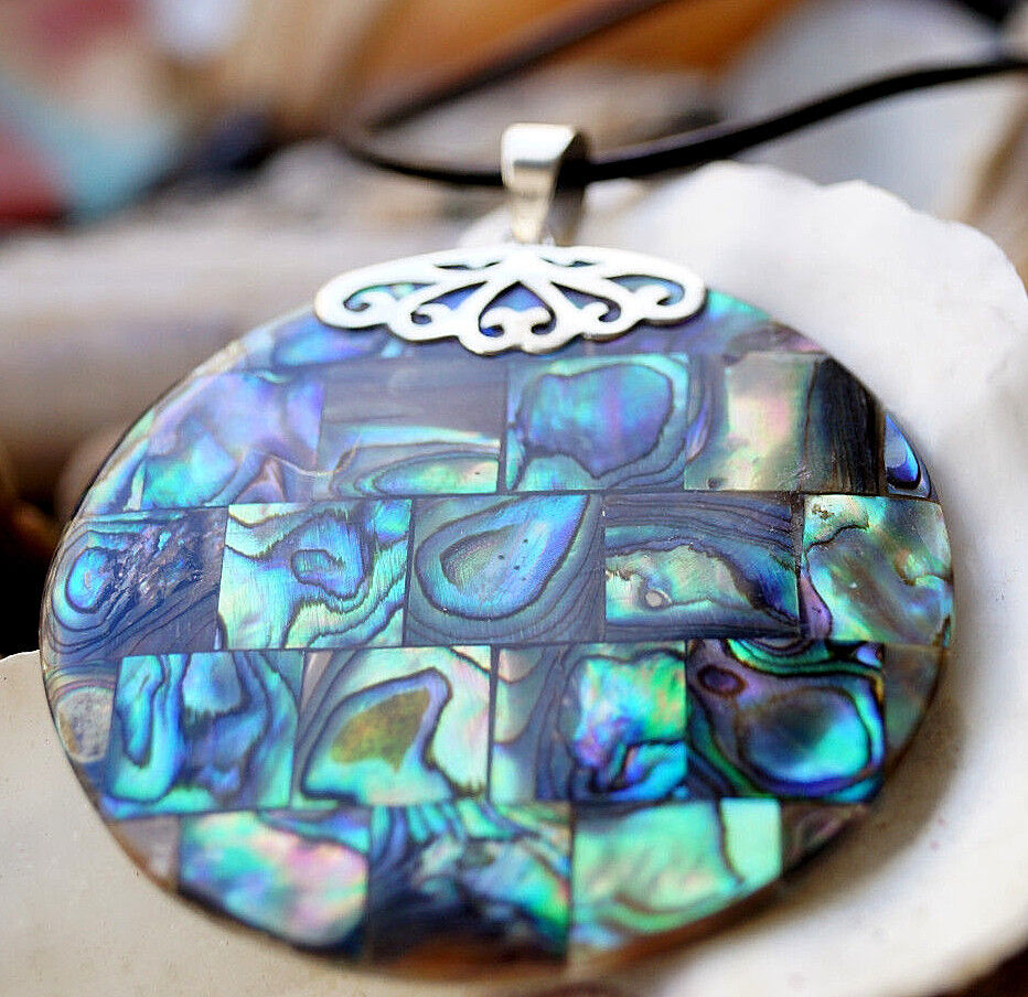 Silber Kettenanhänger Abalone Paua Muschel Regenbogen Rund Groß Mosaik 5 cm Ø – Bild 5