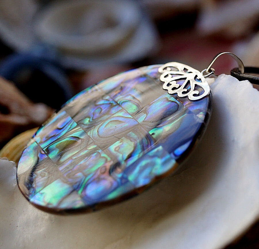 Silber Kettenanhänger Abalone Paua Muschel Regenbogen Rund Groß Mosaik 5 cm Ø – Bild 6