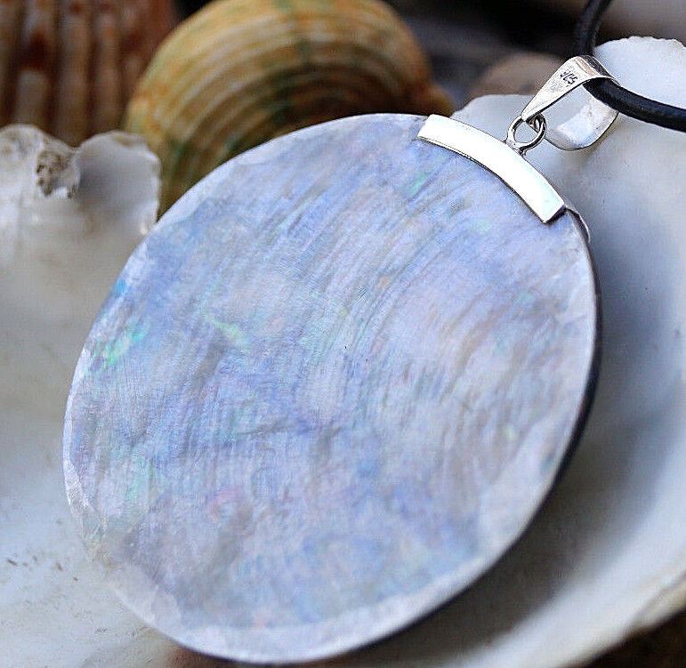 Silber Kettenanhänger Abalone Paua Muschel Regenbogen Rund Groß Mosaik 5 cm Ø – Bild 7