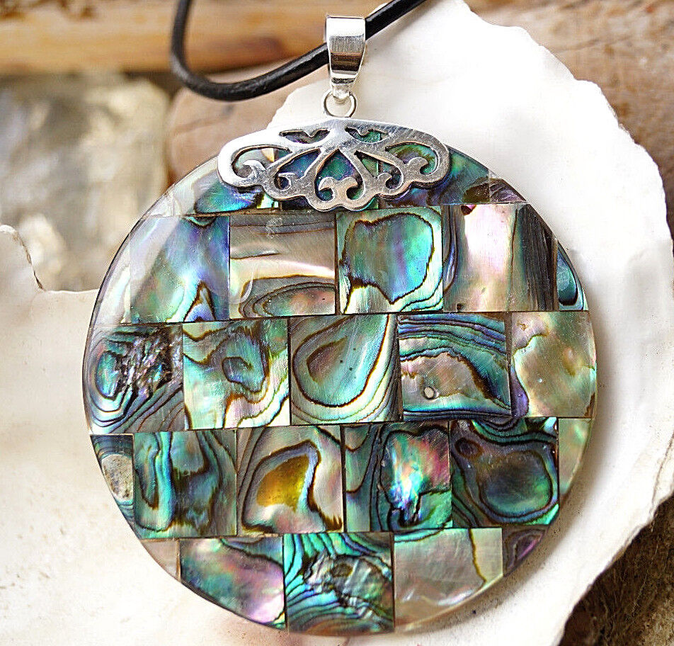 Silber Kettenanhänger Abalone Paua Muschel Regenbogen Rund Groß Mosaik 5 cm Ø – Bild 8