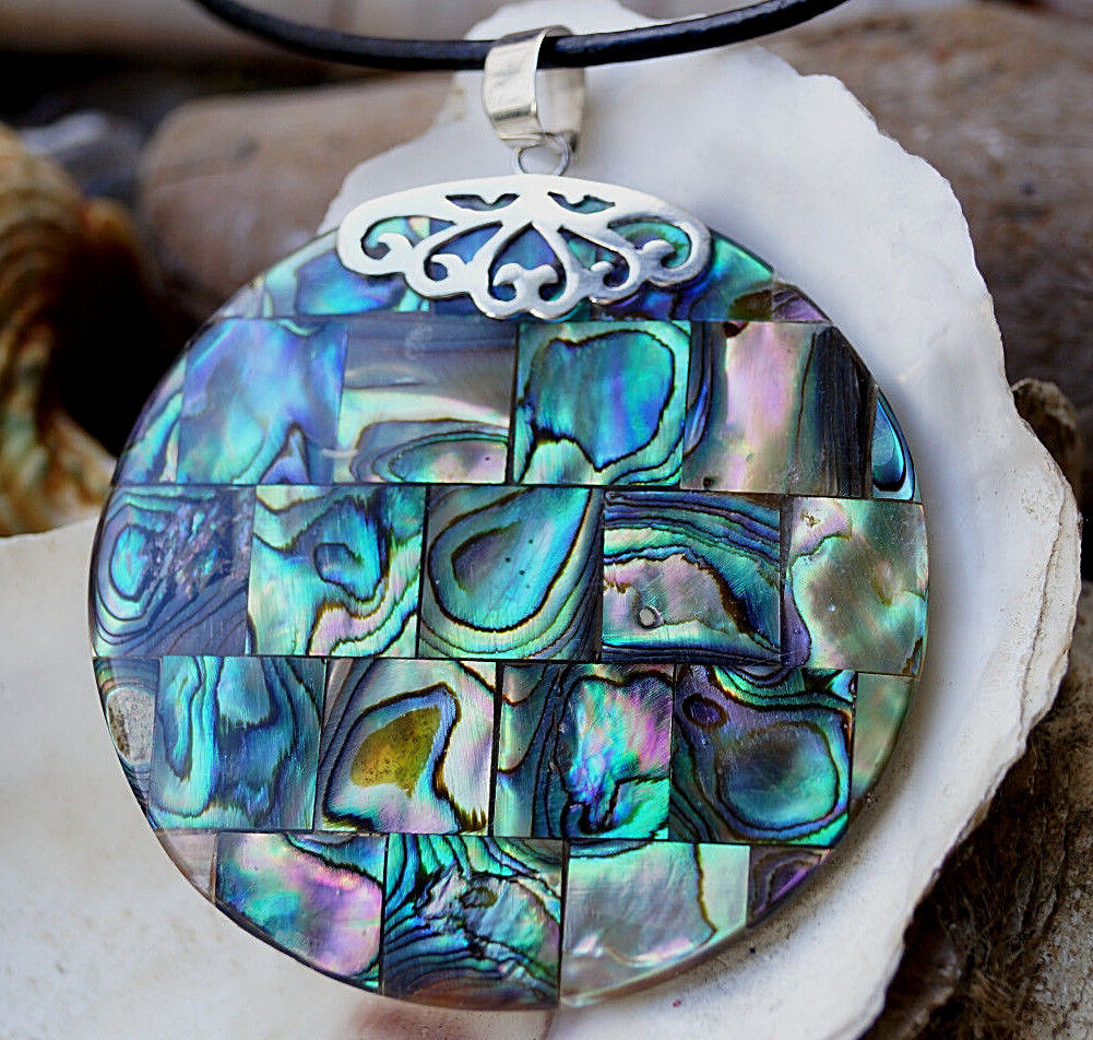 Silber Kettenanhänger Abalone Paua Muschel Regenbogen Rund Groß Mosaik 5 cm Ø