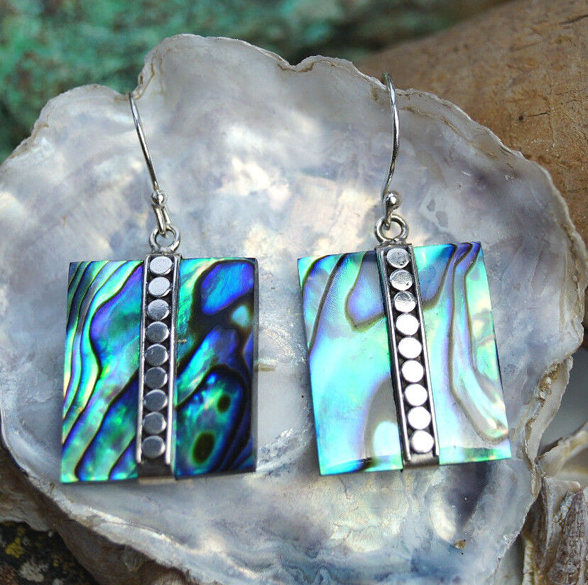 Silber Ohrhänger 3,5 cm Abalone Paua Muschel Bunt Rechteck Modern Perlmutt Eckig – Bild 3