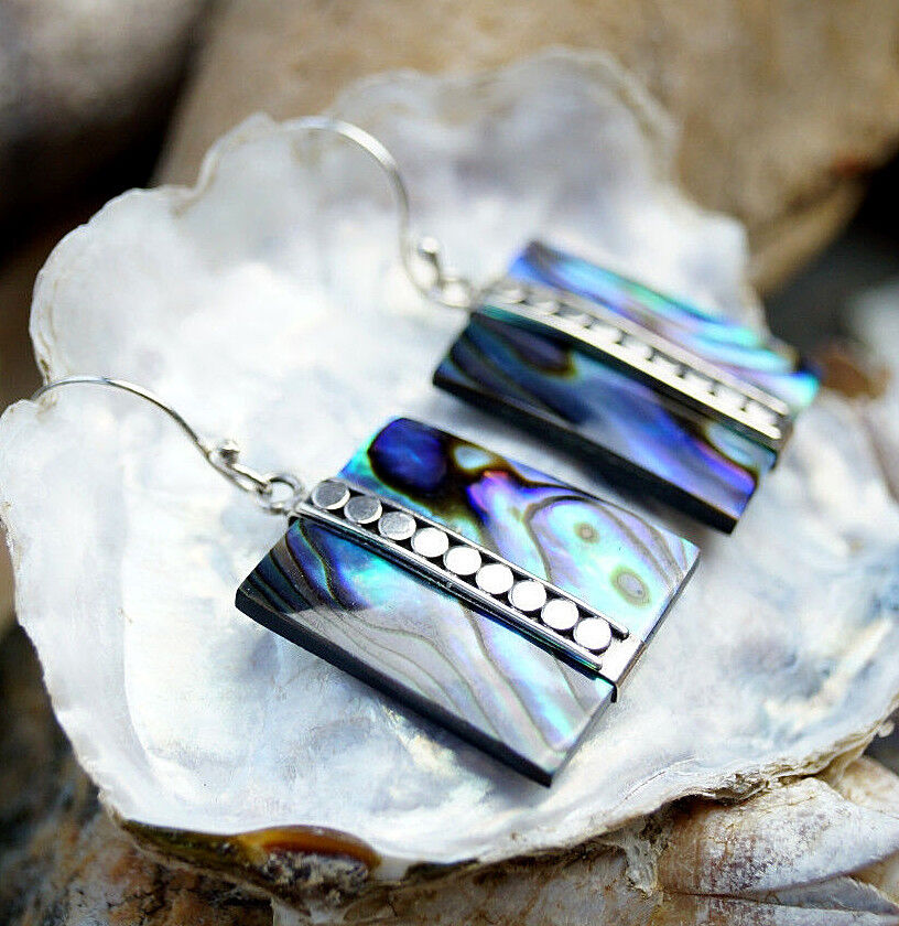 Silber Ohrhänger 3,5 cm Abalone Paua Muschel Bunt Rechteck Modern Perlmutt Eckig – Bild 4