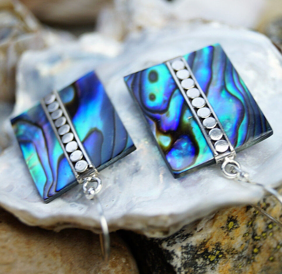 Silber Ohrhänger 3,5 cm Abalone Paua Muschel Bunt Rechteck Modern Perlmutt Eckig – Bild 5