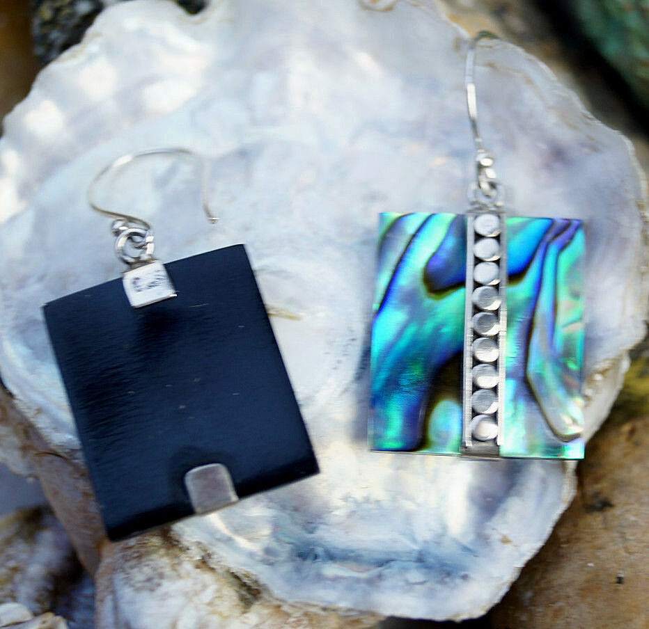 Silber Ohrhänger 3,5 cm Abalone Paua Muschel Bunt Rechteck Modern Perlmutt Eckig – Bild 6