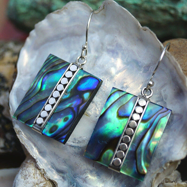 Silber Ohrhänger 3,5 cm Abalone Paua Muschel Bunt Rechteck Modern Perlmutt Eckig