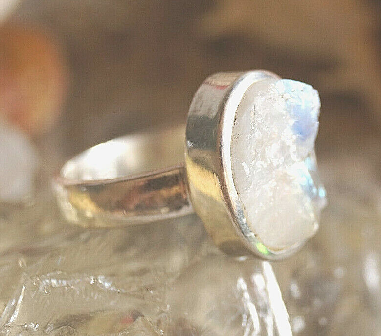 Silberring 53 Mondstein Oval Blau Ring Silber Rohstein Schlicht Elegant Modern – Bild 5