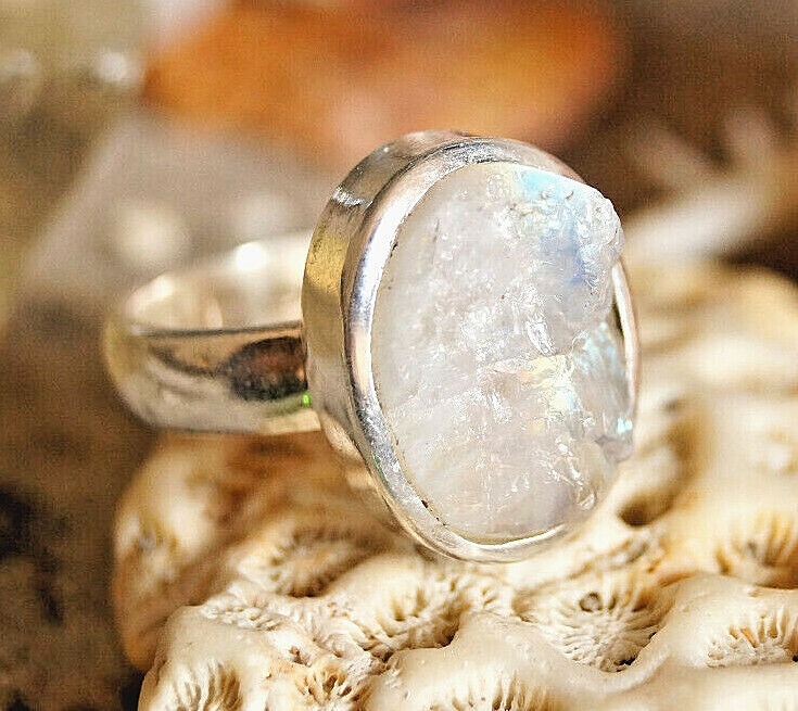 Silberring 53 Mondstein Oval Blau Ring Silber Rohstein Schlicht Elegant Modern – Bild 6