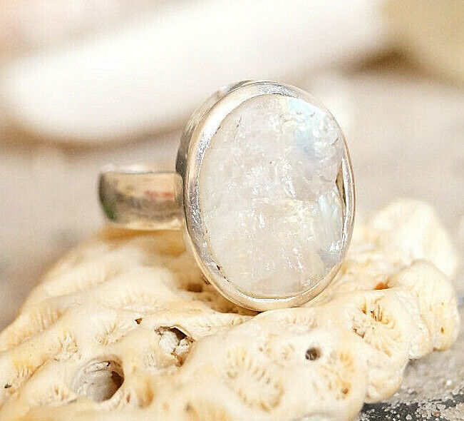 Silberring 53 Mondstein Oval Blau Ring Silber Rohstein Schlicht Elegant Modern – Bild 7