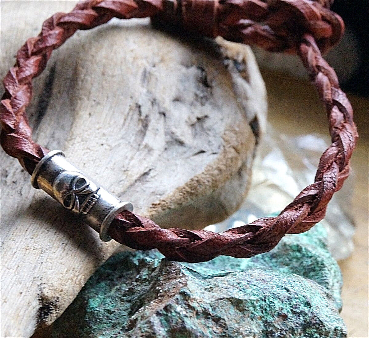 Lederarmband - 22 cm 5 mm Ø Totenkopf Braun / Schwarz geflochten Leder Armband – Bild 7