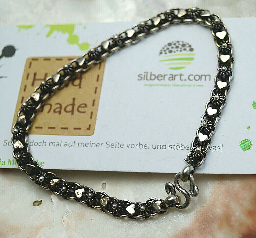 Verspielt 925er Silber Armband 19 cm Vintage Blüte Herz Floral "Antik" Massiv – Bild 3