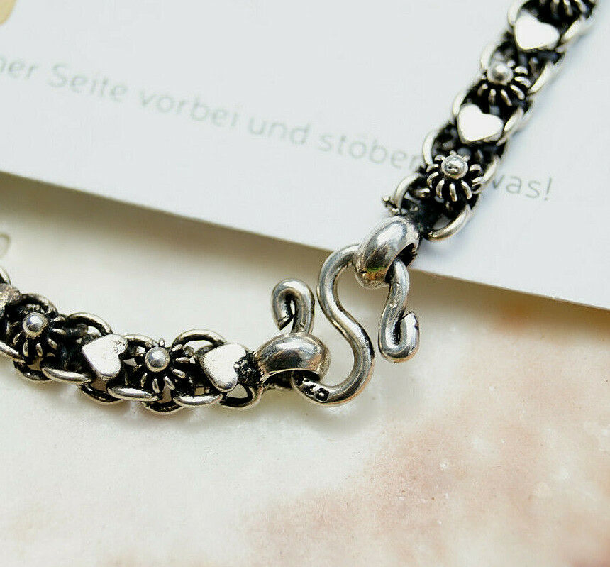 Verspielt 925er Silber Armband 19 cm Vintage Blüte Herz Floral "Antik" Massiv – Bild 6