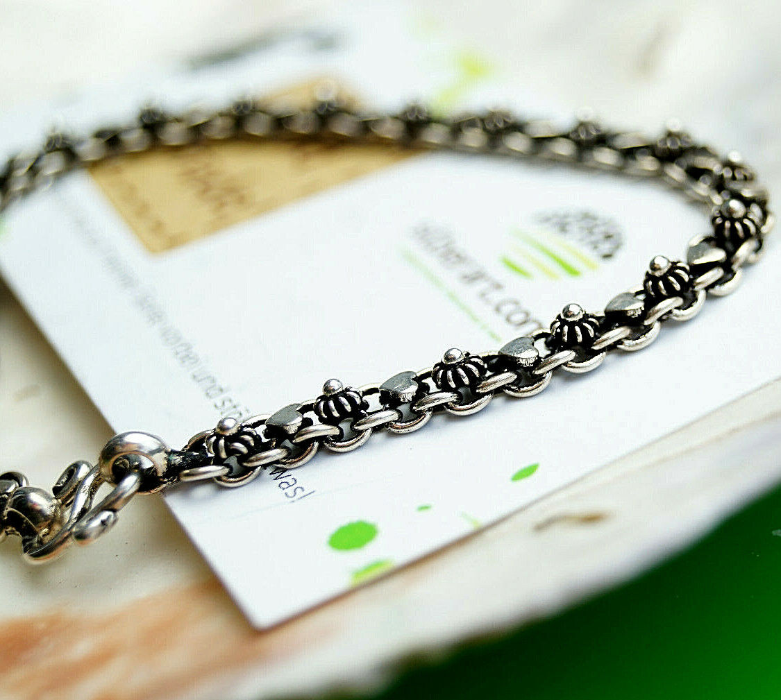 Verspielt 925er Silber Armband 19 cm Vintage Blüte Herz Floral "Antik" Massiv – Bild 7