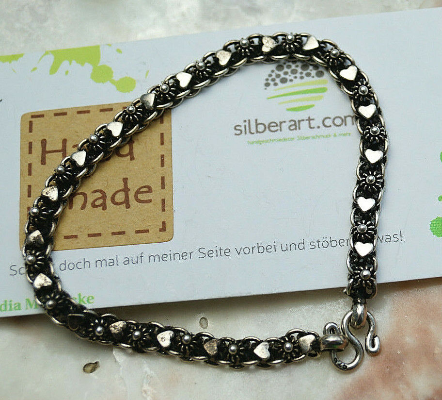Verspielt 925er Silber Armband 19 cm Vintage Blüte Herz Floral "Antik" Massiv – Bild 9