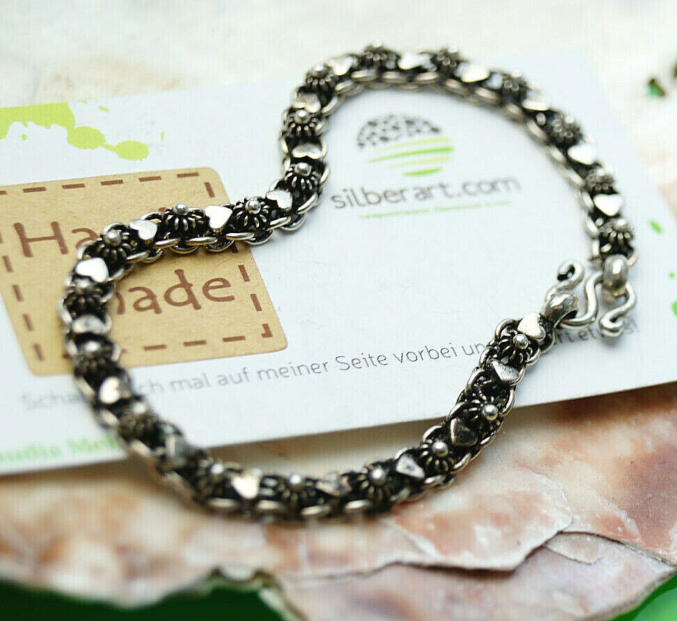 Verspielt 925er Silber Armband 19 cm Vintage Blüte Herz Floral "Antik" Massiv