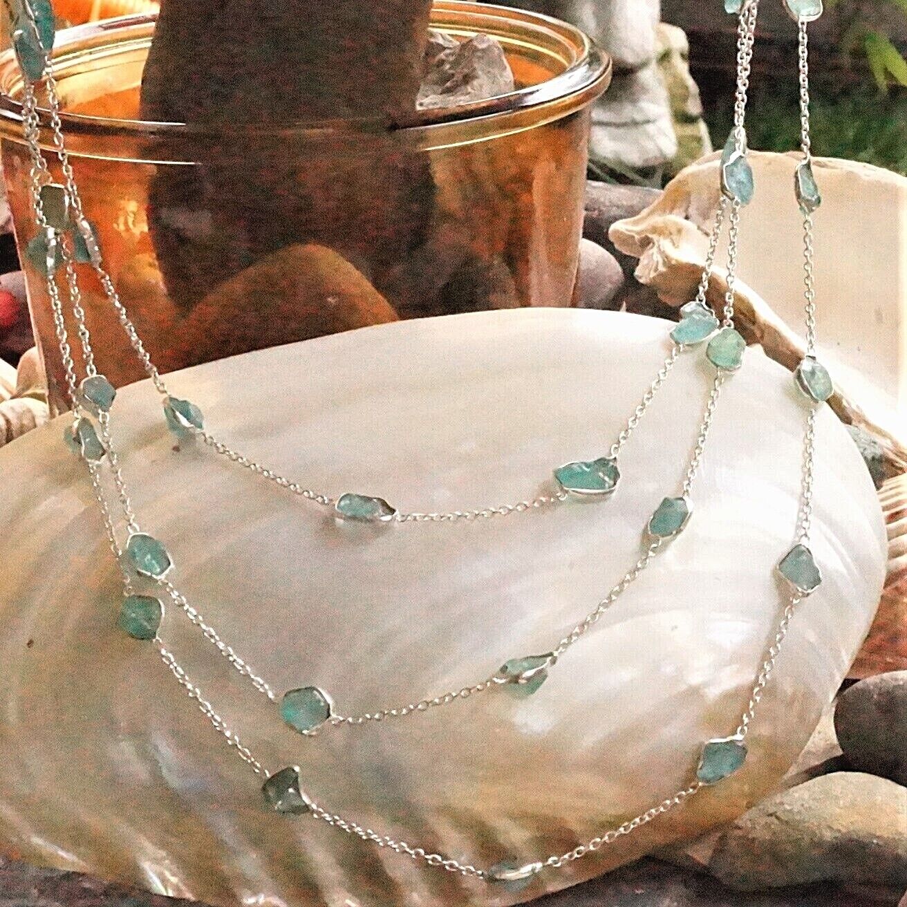3er Kette Lang 68 - 71 cm 925er Silber Rohstein Aquamarin Rubin Apatit Turmalin
