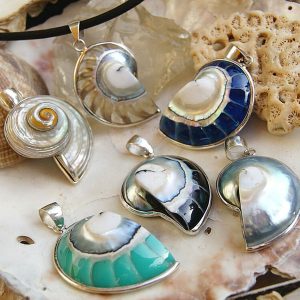 Kettenanhänger 925er Silber Nautilus Muschel Fossil Blau Schwarz Grün Natur