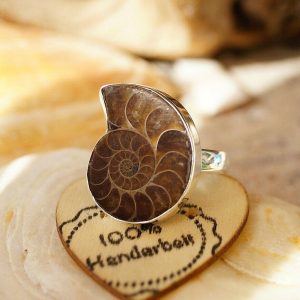 Massiv 925er Silber Bauhaus Design Ring 58 / 62 Ammonit Fossil Schnecke Braun