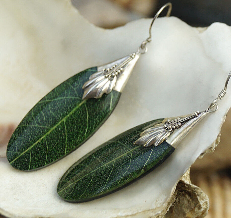 Ohrhänger Blatt Echt 5,5 cm Silber Ohrringe Grün Muster Natur Modern Design Edel – Bild 4