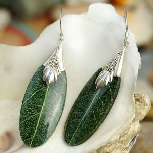 Ohrhänger Blatt Echt 5,5 cm Silber Ohrringe Grün Muster Natur Modern Design Edel