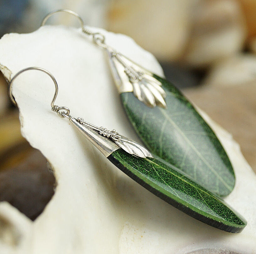 Ohrhänger Blatt Echt 5,5 cm Silber Ohrringe Grün Muster Natur Modern Design Edel – Bild 5