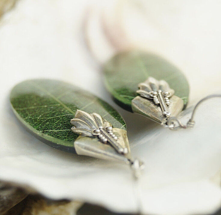 Ohrhänger Blatt Echt 5,5 cm Silber Ohrringe Grün Muster Natur Modern Design Edel – Bild 6