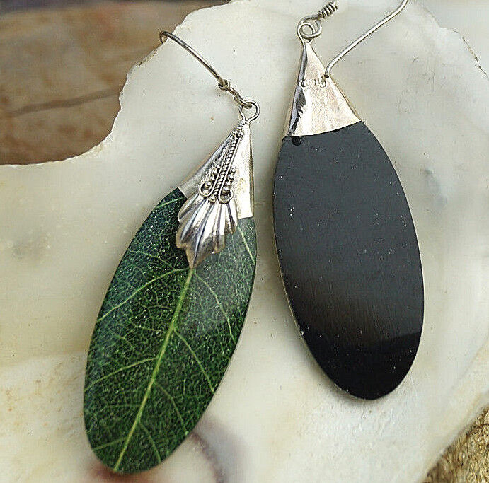 Ohrhänger Blatt Echt 5,5 cm Silber Ohrringe Grün Muster Natur Modern Design Edel – Bild 7