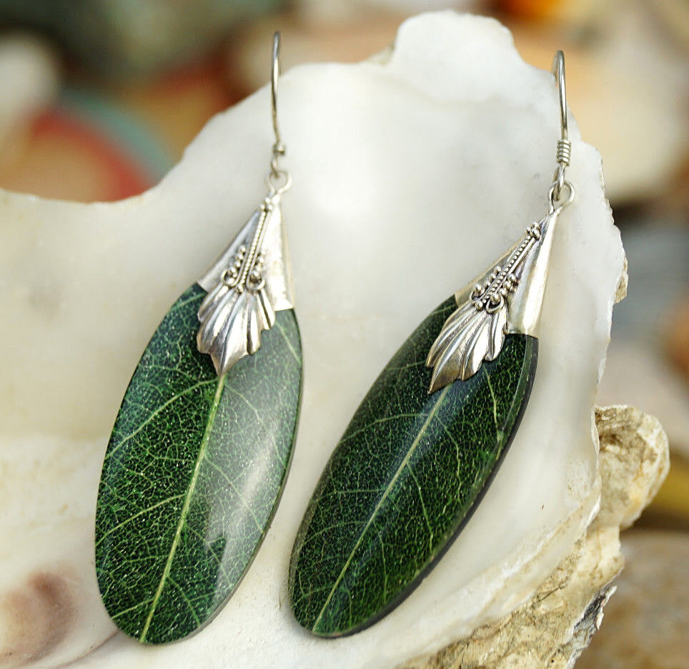 Ohrhänger Blatt Echt 5,5 cm Silber Ohrringe Grün Muster Natur Modern Design Edel