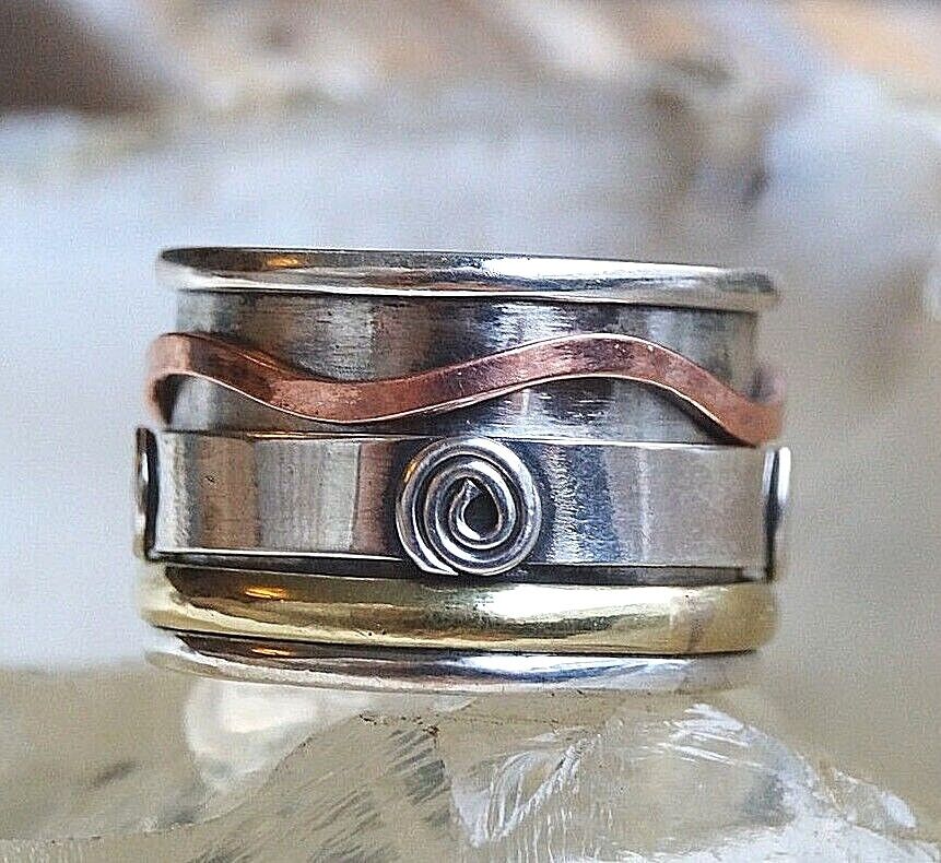 Schlicht Tricolor Drehring 925er Silber Ring 55 58 62 63 Spirale Kupfer Messing – Bild 3